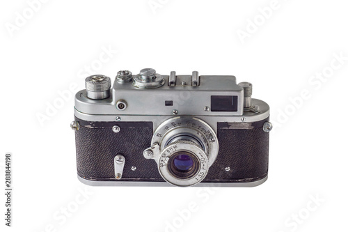 old vintage tattered camera with extended lens isolated on white background