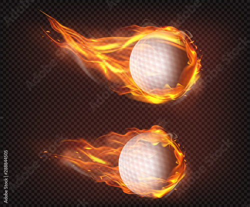 Two superheated golf balls flying, falling engulfed in flames, firing in air, isolated 3d realistic vector illustrations. Sport club logo, equipment store ad, golf tournament promo design element