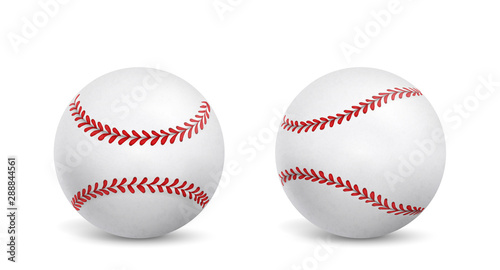 Two baseball balls wrapped in white leather, stitched red strips 3d realistic vector icon isolated on white background with shadows. Sport equipment store ad, competition or tournament design element