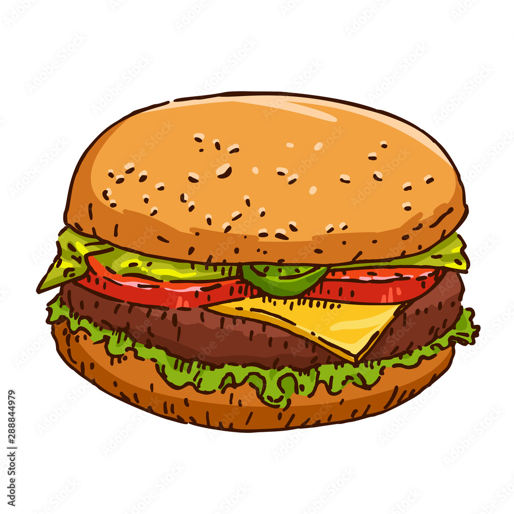 Vector hamburger illustration. Classic burger american cheeseburger with lettuce, tomato, onion, cheese, beef and sauce isolated on white background. Fast food. Vector hamburger illustration. Classic burger american cheeseburger with lettuce, tomato, onion, cheese, beef and sauce isolated on white background. Fast food.