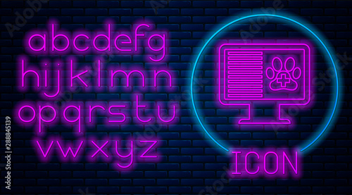 Glowing neon Medical clinical record pet on monitor icon isolated on brick wall background. Health insurance form. Prescription, medical check marks report. Neon light alphabet. Vector Illustration