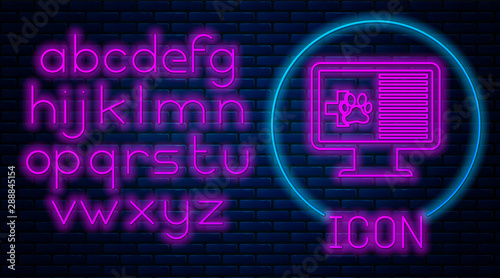 Glowing neon Medical clinical record pet on monitor icon isolated on brick wall background. Health insurance form. Prescription, medical check marks report. Neon light alphabet. Vector Illustration