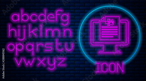Glowing neon Medical clinical record pet on monitor icon isolated on brick wall background. Health insurance form. Prescription, medical check marks report. Neon light alphabet. Vector Illustration