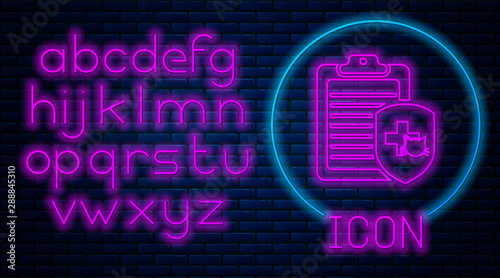 Glowing neon Clipboard with medical clinical record pet icon isolated on brick wall background. Health insurance form. Medical check marks report. Neon light alphabet. Vector Illustration