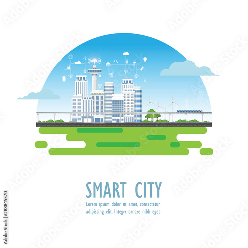 Smart city with different icons and elements isolated on white.