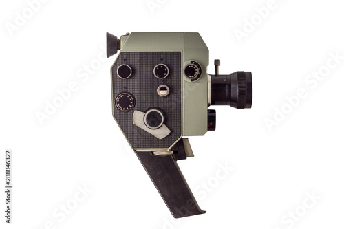 old vintage mechanical film camera super 8 mm close-up isolated on white background