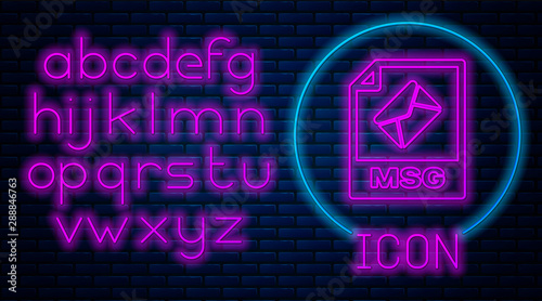 Glowing neon MSG file document. Download msg button icon isolated on brick wall background. MSG file symbol. Neon light alphabet. Vector Illustration