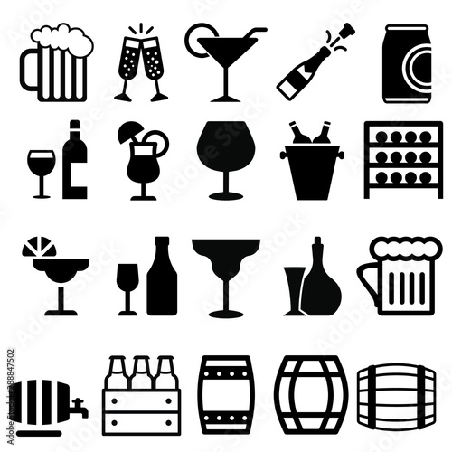  Alcoholic drinks icons vector set. Alcohol illustration symbol collection. Glass, bottle, barrel sign or logo.