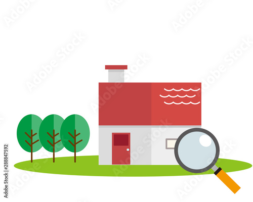 住宅　家　イラスト　一軒家　マイホーム　査定　虫眼鏡