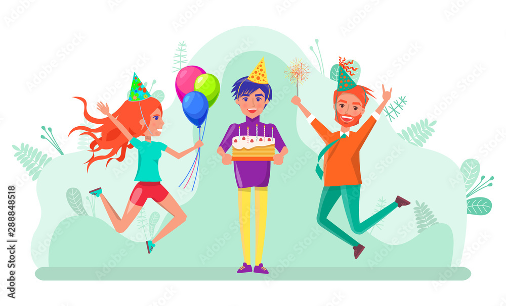 Friends celebrating birthday party vector, woman and man jumping from happiness. Lady holding balloons wearing paper cap, male with cake making wish. Flat cartoon