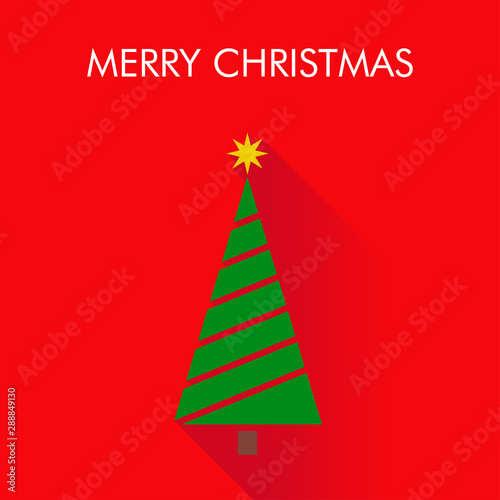 Logotipo con texto Merry Christmas con árbol abstracto con lineas paralelas con sombra en fondo rojo