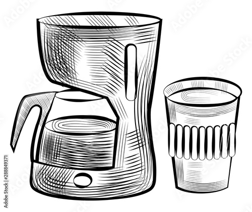 Coffee beverage poured in plastic cup vector, monochrome sketch outline set. Colorless drink in coffeemaker machine with glass pot flat style takeout