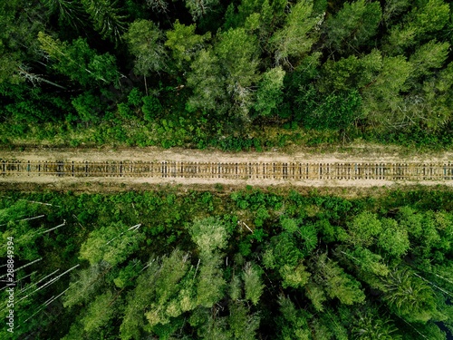 Aerial view of railroad tracks with green forest and trees in rural Finland