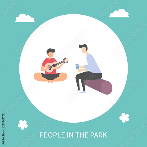 People in park vector  camping characters with guitar  man playing acoustic string instrument  listener sitting on log and listening to songs and melodies. Flat cartoon