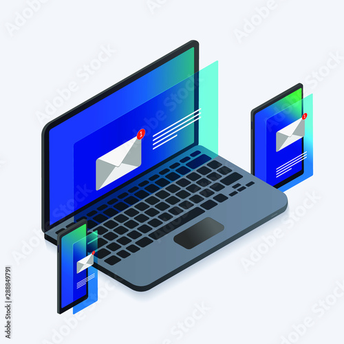 E-mail notification isometric 3D vector design concept. Communication, information dissemination, attachment icons - music, talk, video, sending email. Illustration mobile smartphone, laptop, tablet