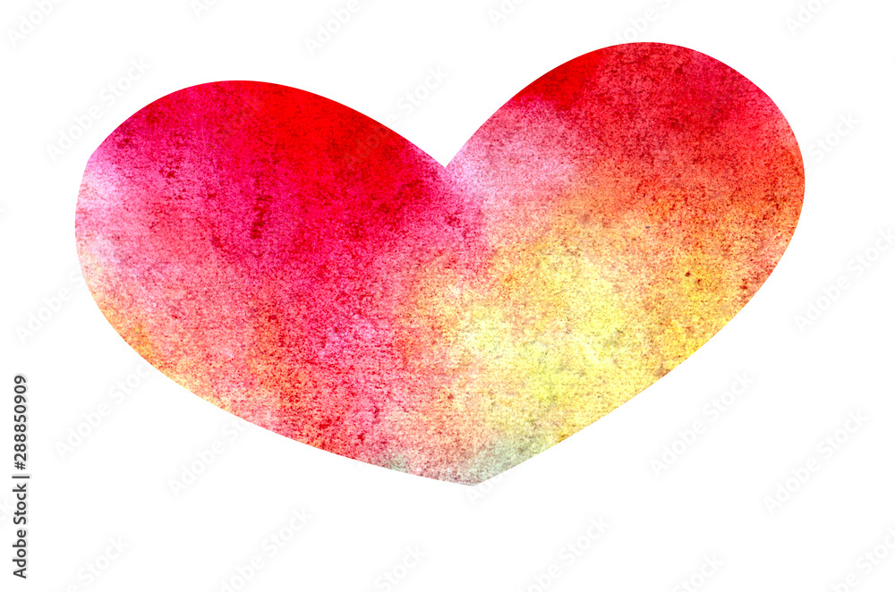 Hand drawn watercolor red yellow sweet heart isolated on white background. Gradient textured brush element for Valentine's Day card, T-shirt design. Illustration