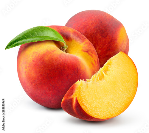Peach isolate. Peach with slice on white background. Full depth of field. With clipping path. photo