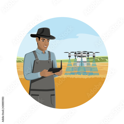 Black african american farmer with tablet control drone-sprayer. Digital transformation in agriculture and smart farming