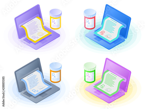 The laptop, doctor online writes the medical prescription, pill bottles. Flat vector isometric illustration set. The telemedicine, telehealth, modern rx medicine, mobile health care, mhealth concept.