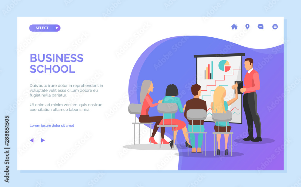 Business school vector, speaker with information for students, women and men sitting listening to male with whiteboard and charts diagrams. Website or webpage template, landing page flat style Business school vector, speaker with information for students, women and men sitting listening to male with whiteboard and charts diagrams. Website or webpage template, landing page flat style