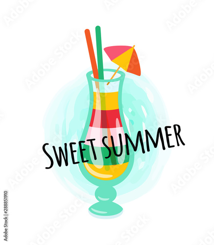 Colorful cocktail with umbrella and tubules, drink in design glass. Postcard sweet summer decorated by beverage in bright stripes, refreshment vector