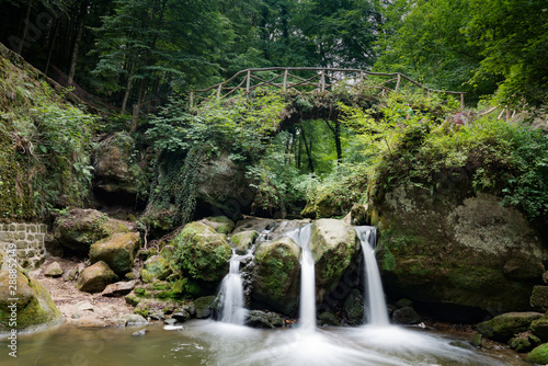 Fototapeta Naklejka Na Ścianę i Meble -  idyllic small waterfall in lush green forest landscape