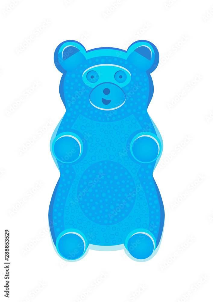 Vector detailed illustration of blue gummy bear or jelly bear. Children's fairytale candy. Childlike bear isolated on a white background. Illustration can be also used as a plush toy for children.