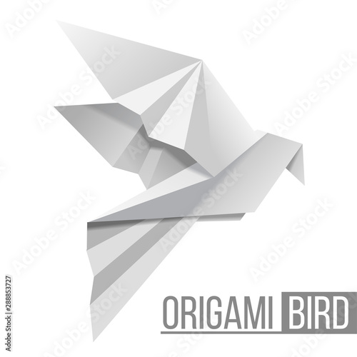 Origami paper bird. Flying pigeon isolated on white