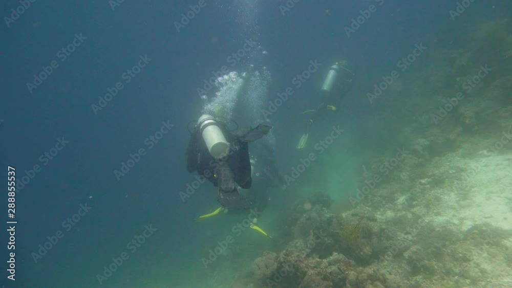 Divers explore the coral reef and look at the fish. Tropical colorful underwater seascape with coral reef. Camiguin, Philippines. Divers explore the coral reef and look at the fish. Tropical colorful underwater seascape with coral reef. Camiguin, Philippines.