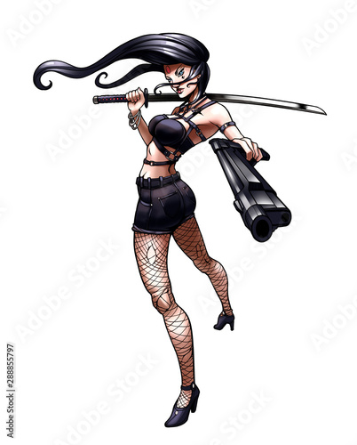 A Girl With A Katana And A Gun In Her Hands Stands In A Dynamic Pose Pointing Her Gun At The Viewer 2d Illustration Stock Illustration Adobe Stock