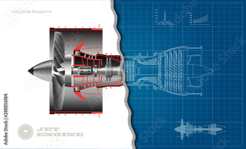 Jet engine of airplane in outline style. Industrial aerospase blueprint. 3d drawing of plane motor. Part of aircraft. Side view