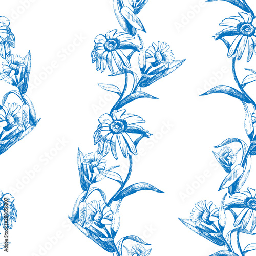 Vector seamless pattern of flowers drawn with ink and pen.