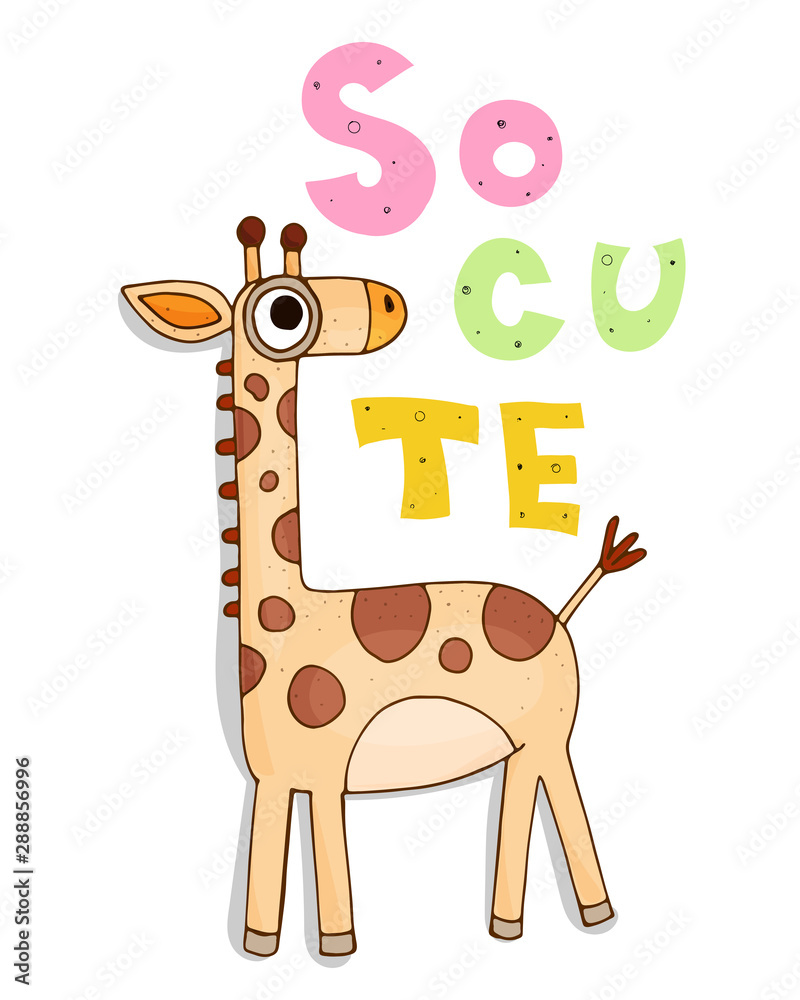 Naklejka premium so cute. Cute cartoon colored giraffe with an inscription. postcard. for kids. vector illustration. 
