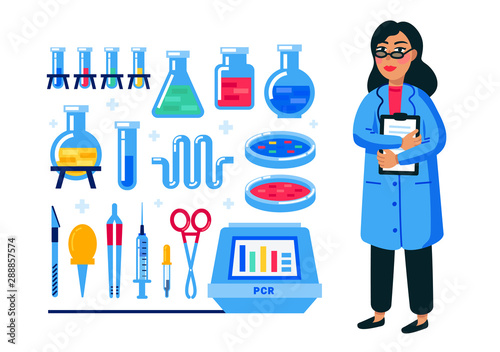 Female Scientist and Laboratory equipment set. Woman in a blue medical gown and Flask, vial, test-tube, glass retorts etc. Human genome sequencing project. Flat style vector illustrationon white