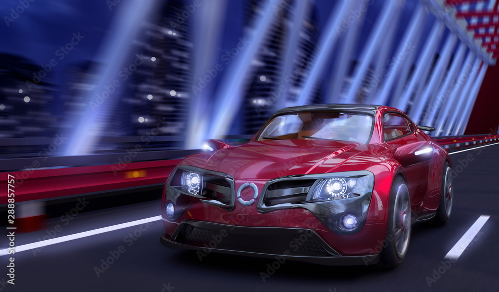 Red car of the original design rides on the night bridge. 3D illustration