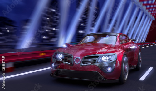 Red car of the original design rides on the night bridge. 3D illustration