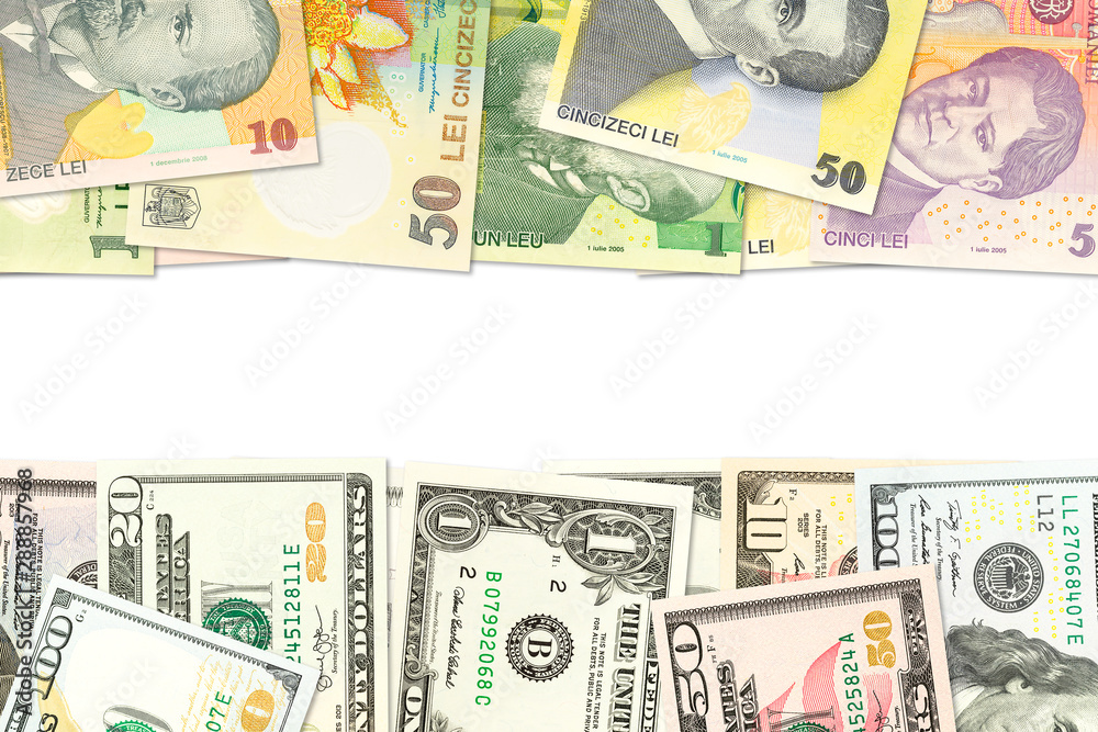 some romanian leu banknotes and american dollar banknotes indicating bilateral economic relations with copyspace