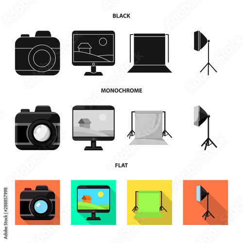 Vector illustration of photoshoot and work symbol. Collection of photoshoot and hobbies stock symbol for web.