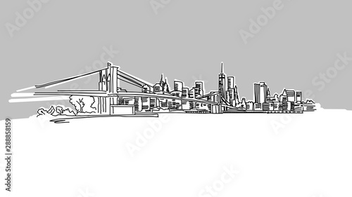 NYC Brooklyn Bridge Panorama Skyline Vector Sketch