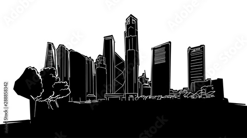 Singapore Republic Plaza Panorama Silhouette Drawing