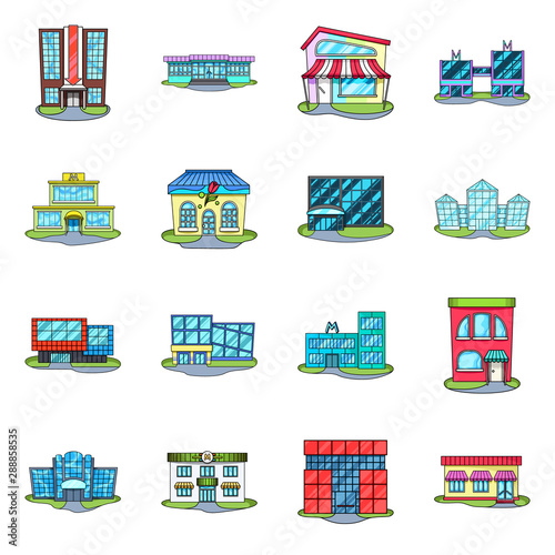 Vector illustration of supermarket and building icon. Collection of supermarket and city stock symbol for web.