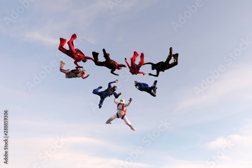Formation skydiving. Skydivers are in the sky.