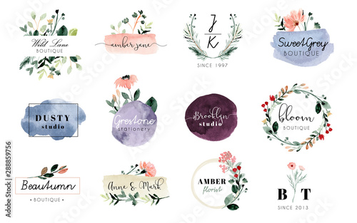 premade logo with floral and brush stroke watercolor collection