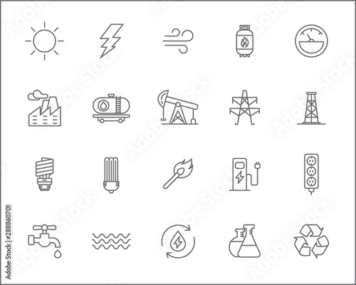Set of energy and ecology Icons line style. Included the icons as Energy industry, solar panels,  green energy, oil, solar power, socket, bulb, wind power generation, wind turbine and more.