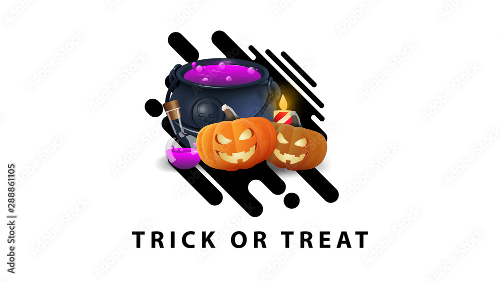 Trick or treat, white stylish minimalist greeting postcard with witch's cauldron and pumpkin Jack