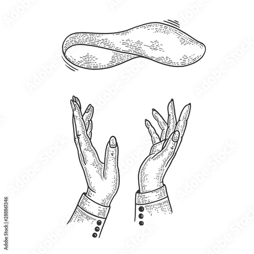Pizza dough flying and pizzaiolo hands sketch engraving vector illustration. Pizza cooking metaphor. Tee shirt apparel print design. Scratch board style imitation. Hand drawn image. photo