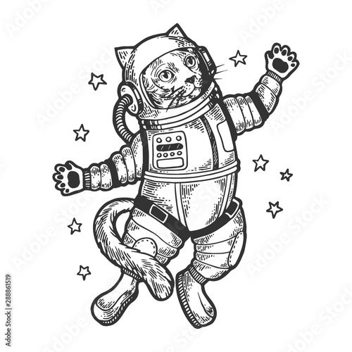 Cat astronaut spaceman in space sketch engraving vector illustration. Tee shirt apparel print design. Scratch board style imitation. Black and white hand drawn image.