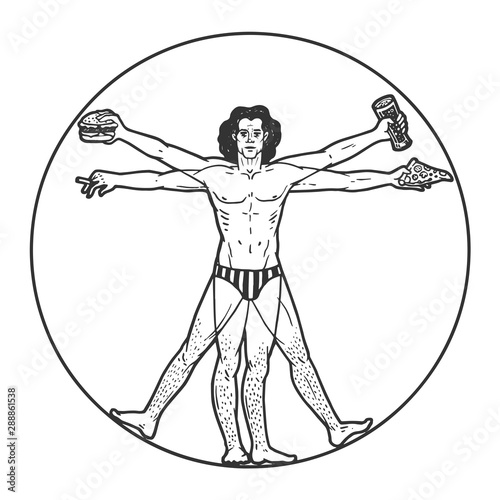 Party club Vitruvian Man with beer pizza and cigar sketch engraving vector illustration. Tee shirt apparel print design. Scratch board style imitation. Black and white hand drawn image.