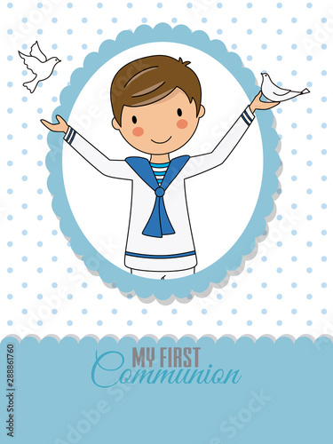 Invitation my first communion. Boy with pigeons