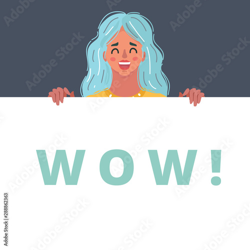 Wow female face with banner.
